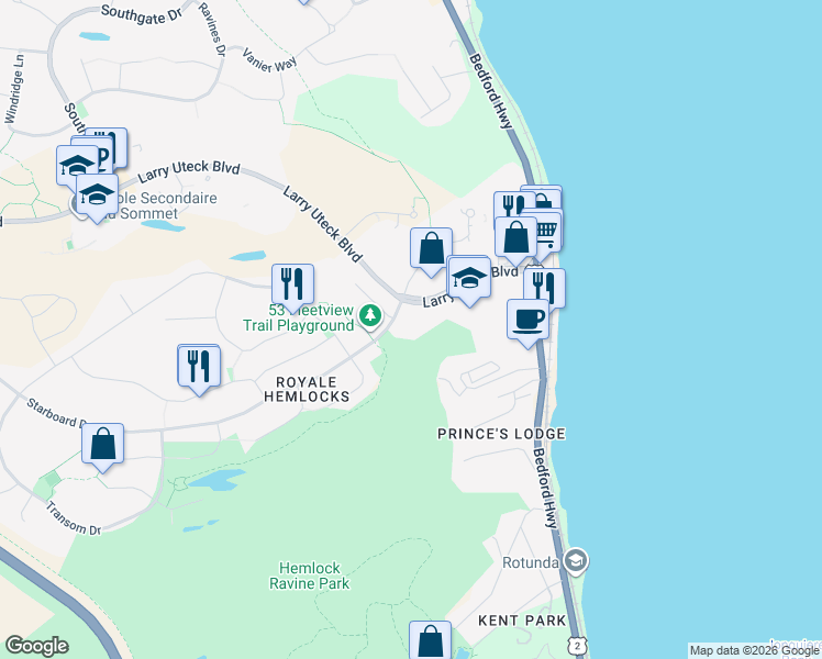 map of restaurants, bars, coffee shops, grocery stores, and more near 116 Larry Uteck Boulevard in Halifax