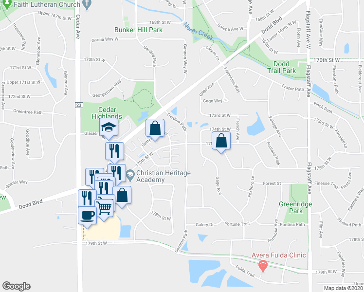 map of restaurants, bars, coffee shops, grocery stores, and more near 17520 Gillette Way in Lakeville