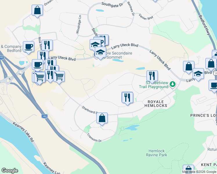 map of restaurants, bars, coffee shops, grocery stores, and more near 276 Fleetview Drive in Halifax
