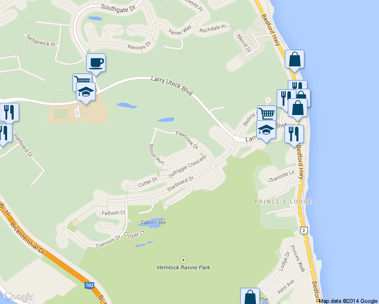map of restaurants, bars, coffee shops, grocery stores, and more near 24 Bosun Run in Halifax