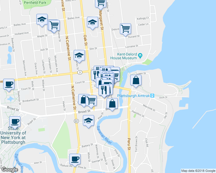 map of restaurants, bars, coffee shops, grocery stores, and more near 88 Margaret Street in Plattsburgh