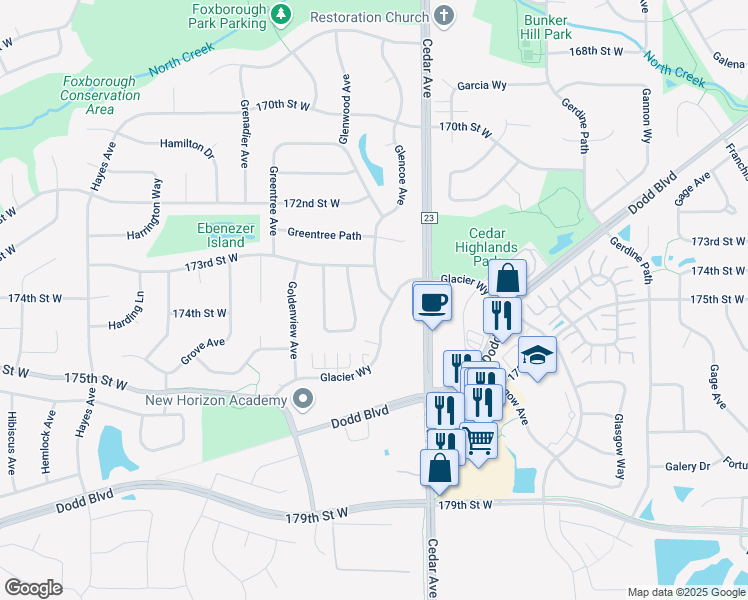 map of restaurants, bars, coffee shops, grocery stores, and more near 17306 Goldenrod Avenue in Lakeville