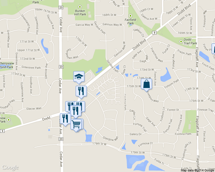 map of restaurants, bars, coffee shops, grocery stores, and more near 17401 Gettysburg Way in Lakeville