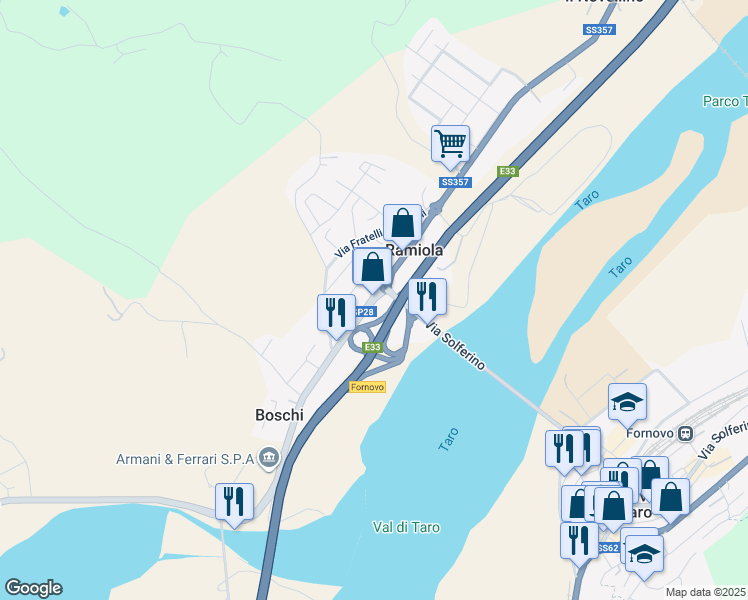 map of restaurants, bars, coffee shops, grocery stores, and more near 68 SS357 in Felegara