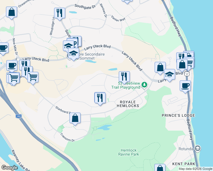 map of restaurants, bars, coffee shops, grocery stores, and more near 125 Bosun Run in Halifax