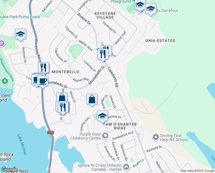 map of restaurants, bars, coffee shops, grocery stores, and more near 32 Orkney Drive in Dartmouth