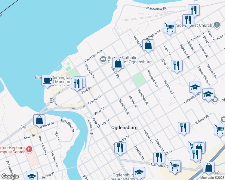 map of restaurants, bars, coffee shops, grocery stores, and more near 612 Greene Street in Ogdensburg