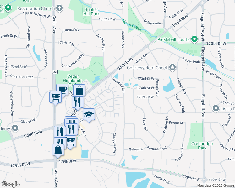 map of restaurants, bars, coffee shops, grocery stores, and more near 17361 Gettysburg Way in Lakeville
