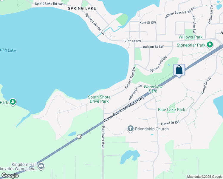 map of restaurants, bars, coffee shops, grocery stores, and more near 3030 Fairview Road Southwest in Prior Lake