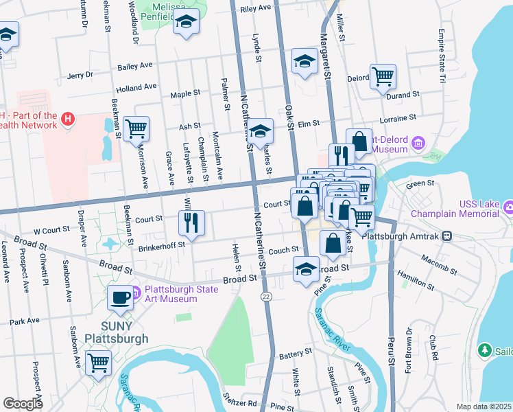 map of restaurants, bars, coffee shops, grocery stores, and more near 5137 North Catherine Street in Plattsburgh