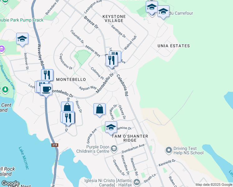 map of restaurants, bars, coffee shops, grocery stores, and more near 32 Orkney Drive in Dartmouth