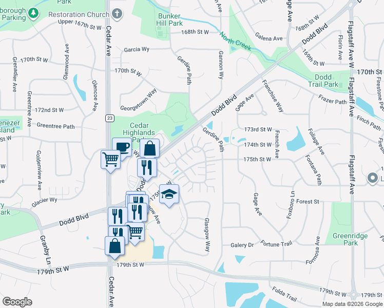 map of restaurants, bars, coffee shops, grocery stores, and more near 17401 Gettysburg Way in Lakeville