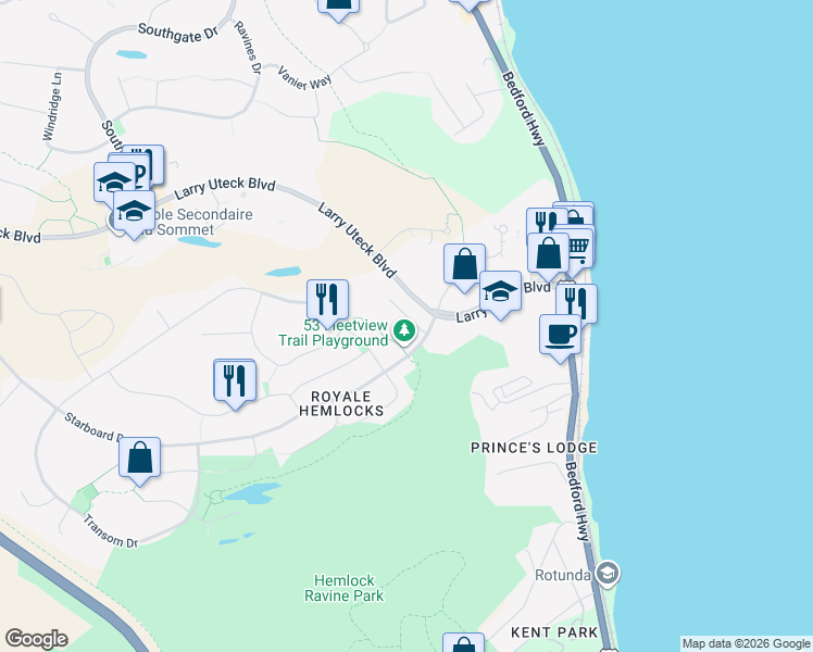 map of restaurants, bars, coffee shops, grocery stores, and more near 22 Brigadier Court in Halifax