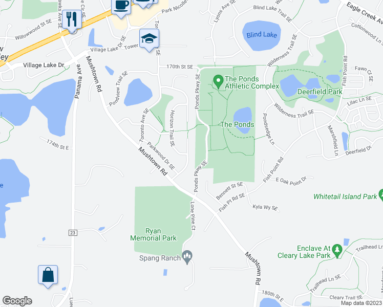 map of restaurants, bars, coffee shops, grocery stores, and more near 17399 Ridgewood Court Southeast in Prior Lake