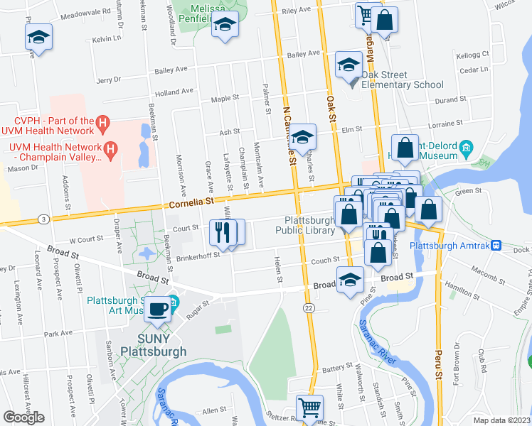map of restaurants, bars, coffee shops, grocery stores, and more near 92 Court Street in Plattsburgh