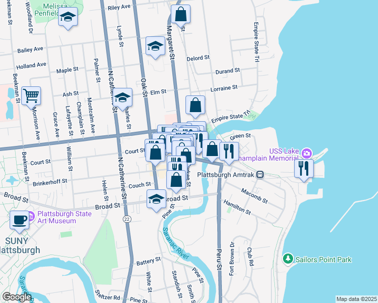 map of restaurants, bars, coffee shops, grocery stores, and more near 13 City Hall Place in Plattsburgh