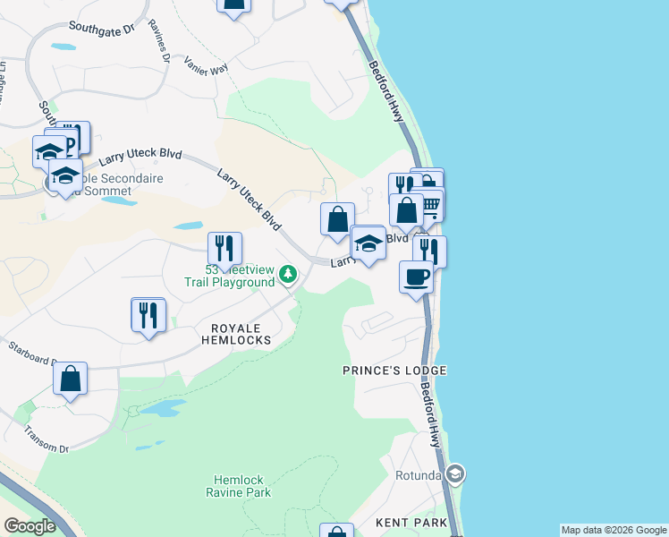 map of restaurants, bars, coffee shops, grocery stores, and more near 116 Larry Uteck Boulevard in Halifax