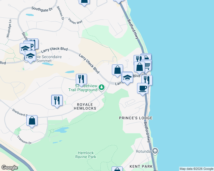map of restaurants, bars, coffee shops, grocery stores, and more near 5 Brigadier Court in Halifax
