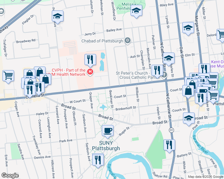 map of restaurants, bars, coffee shops, grocery stores, and more near 186-188 Cornelia Street in Plattsburgh