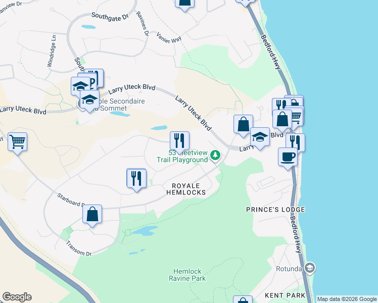 map of restaurants, bars, coffee shops, grocery stores, and more near 61 Fleetview Drive in Halifax