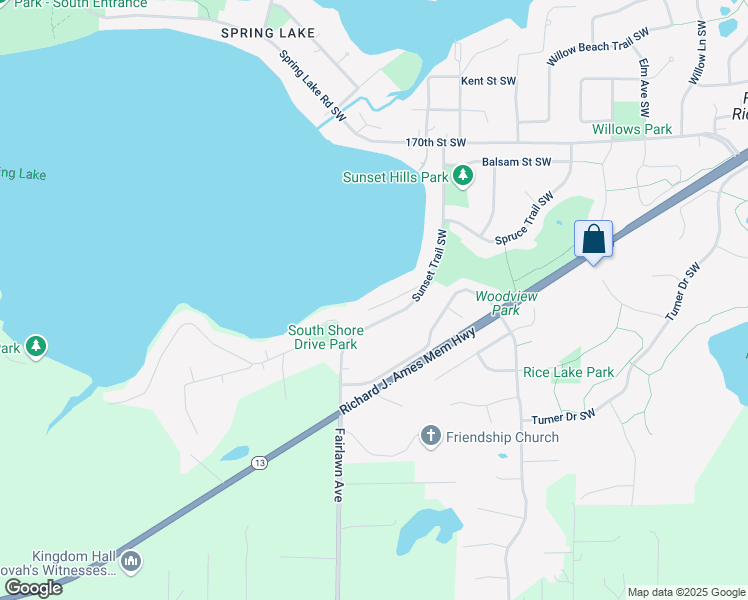 map of restaurants, bars, coffee shops, grocery stores, and more near 3030 Fairview Road Southwest in Prior Lake