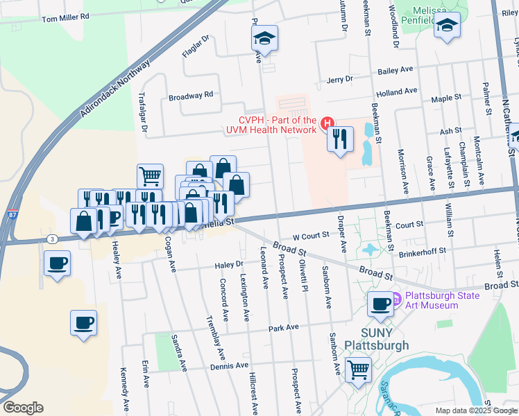 map of restaurants, bars, coffee shops, grocery stores, and more near 280 Cornelia Street in Plattsburgh