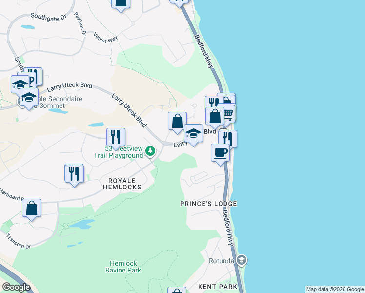 map of restaurants, bars, coffee shops, grocery stores, and more near 102 Larry Uteck Boulevard in Halifax