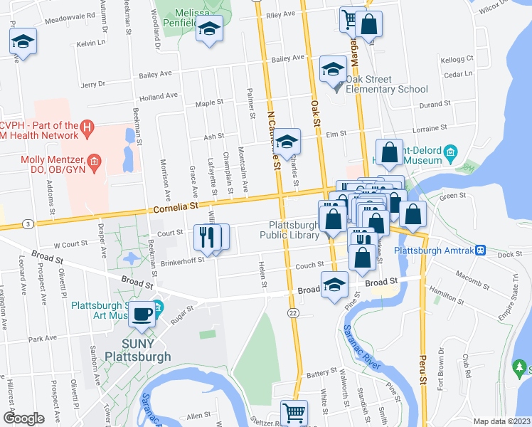 map of restaurants, bars, coffee shops, grocery stores, and more near 86 Court Street in Plattsburgh