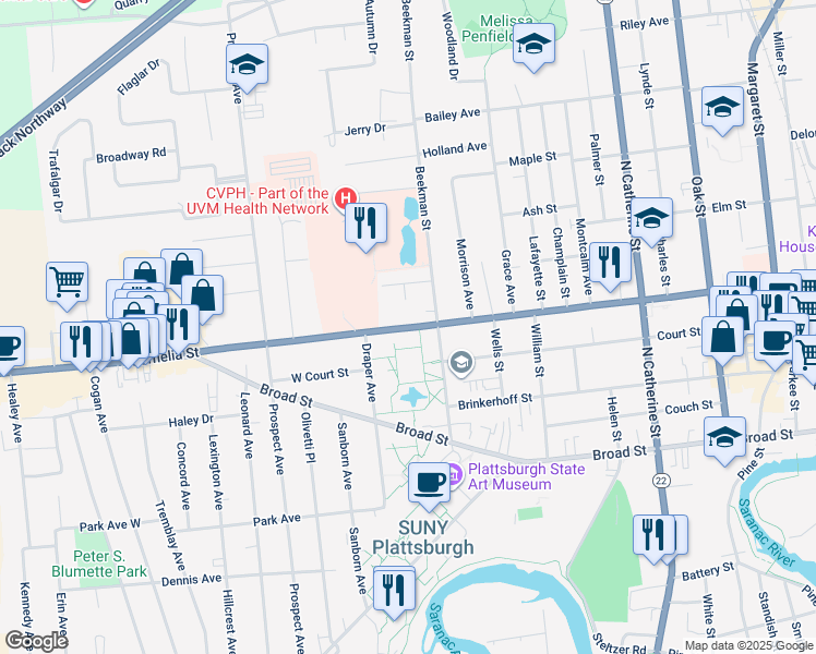 map of restaurants, bars, coffee shops, grocery stores, and more near Cornelia Street in Plattsburgh