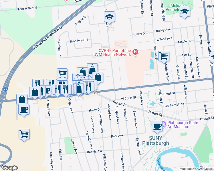 map of restaurants, bars, coffee shops, grocery stores, and more near 282 Cornelia Street in Plattsburgh