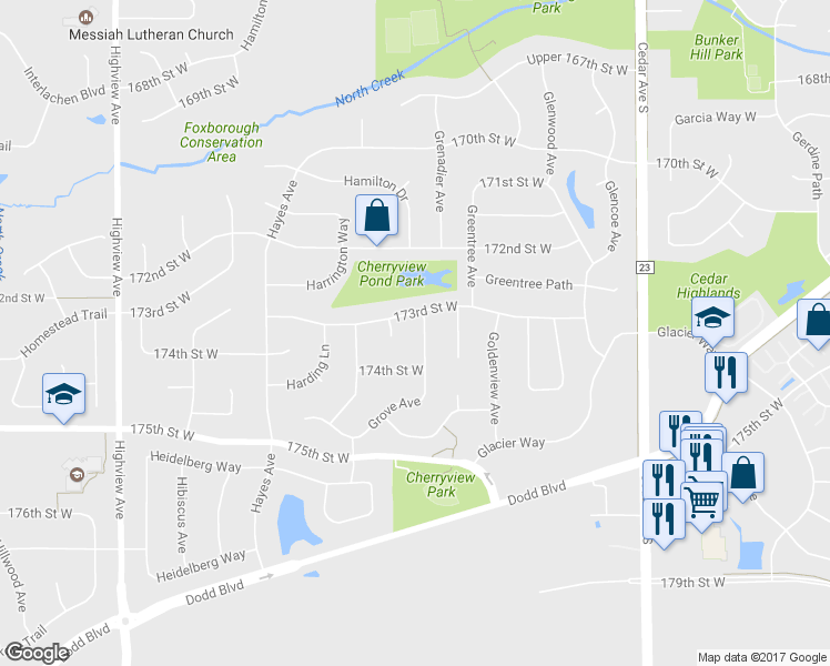 map of restaurants, bars, coffee shops, grocery stores, and more near 17335 Grove Avenue in Lakeville