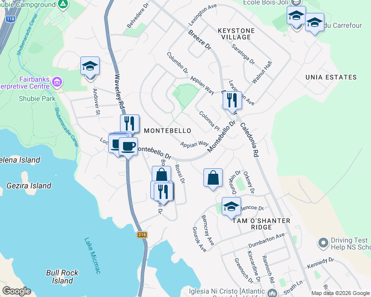 map of restaurants, bars, coffee shops, grocery stores, and more near 15 Appian Way in Dartmouth