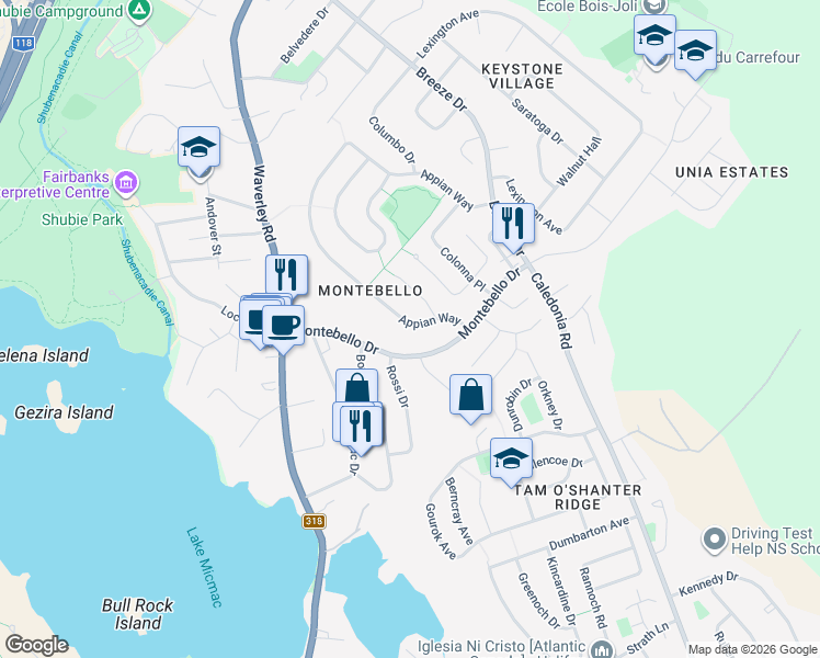map of restaurants, bars, coffee shops, grocery stores, and more near 15 Appian Way in Dartmouth
