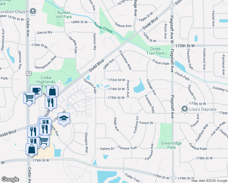 map of restaurants, bars, coffee shops, grocery stores, and more near 6904 174th Street West in Farmington