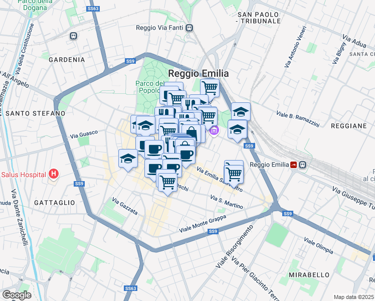 map of restaurants, bars, coffee shops, grocery stores, and more near 6 Via Roma in Reggio Emilia