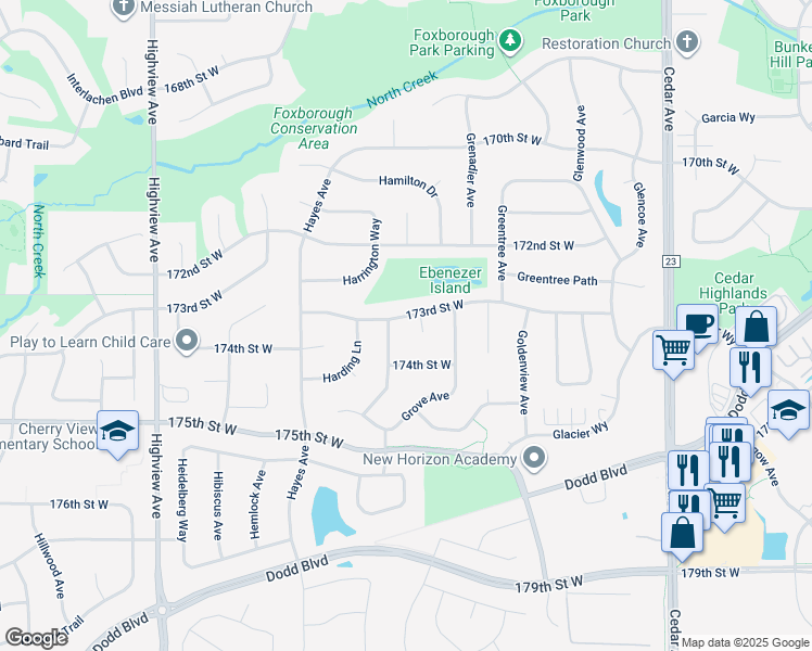 map of restaurants, bars, coffee shops, grocery stores, and more near 8026 173rd Street West in Lakeville