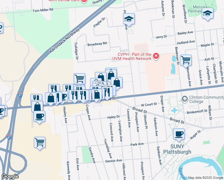map of restaurants, bars, coffee shops, grocery stores, and more near 34 Plattsburgh Plaza in Plattsburgh