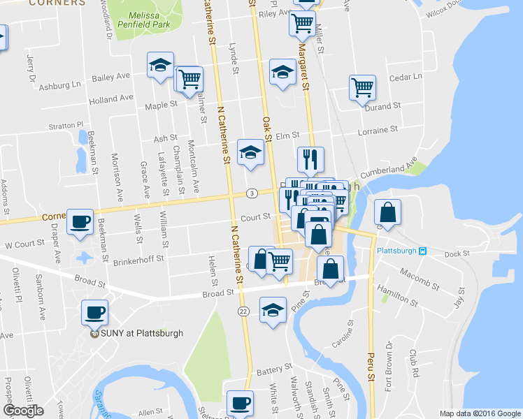 map of restaurants, bars, coffee shops, grocery stores, and more near 60 Court Street in Plattsburgh