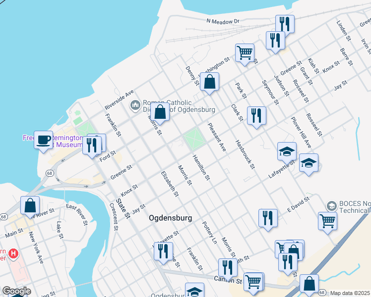 map of restaurants, bars, coffee shops, grocery stores, and more near 421 Hamilton Street in Ogdensburg