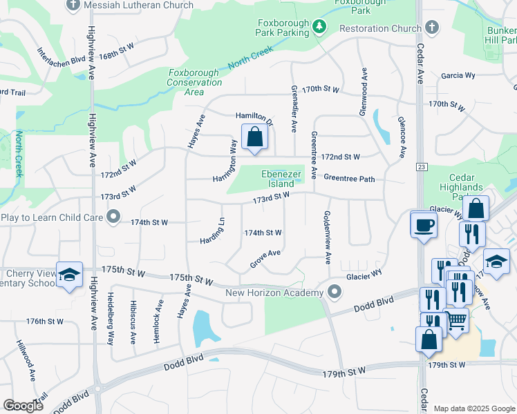 map of restaurants, bars, coffee shops, grocery stores, and more near 8026 173rd Street West in Lakeville