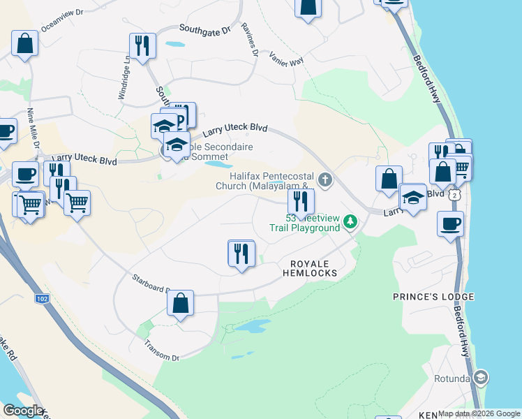 map of restaurants, bars, coffee shops, grocery stores, and more near 149 Bosun Run in Halifax