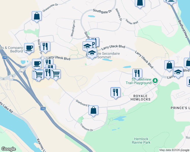 map of restaurants, bars, coffee shops, grocery stores, and more near 25 Alamir Crt in Halifax