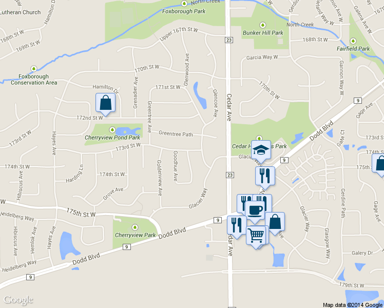 map of restaurants, bars, coffee shops, grocery stores, and more near 17306 Goldenrod Avenue in Lakeville