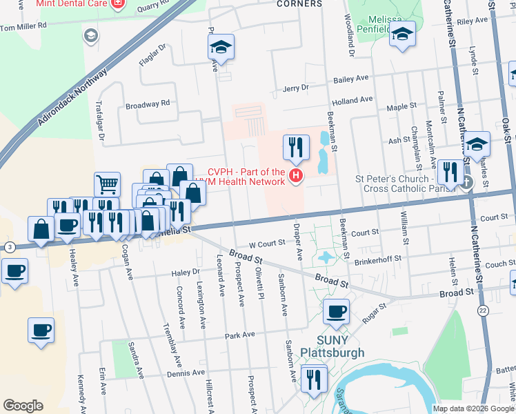 map of restaurants, bars, coffee shops, grocery stores, and more near 8 Addoms Street in Plattsburgh
