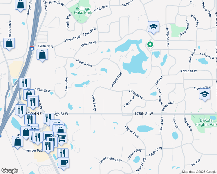 map of restaurants, bars, coffee shops, grocery stores, and more near 17285 Jasper Trail in Lakeville