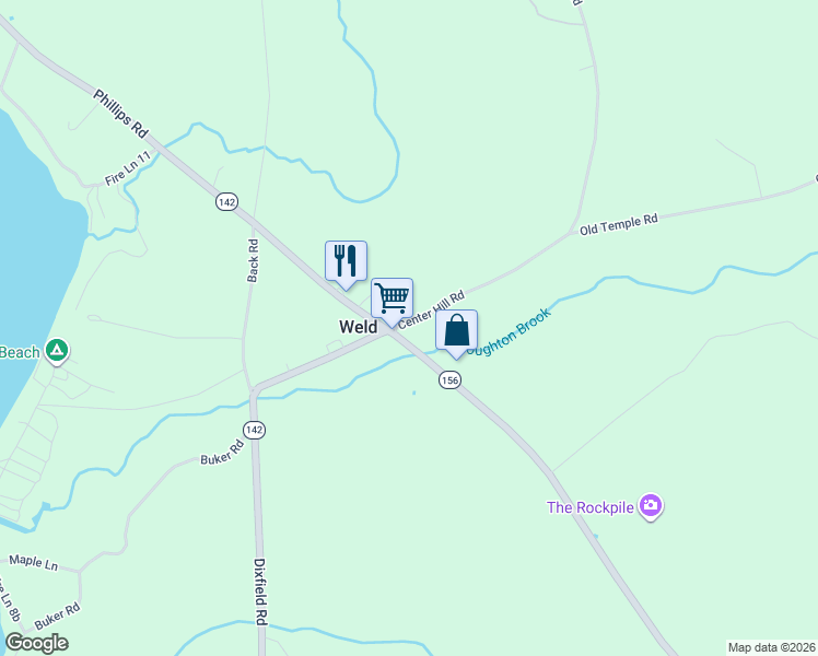 map of restaurants, bars, coffee shops, grocery stores, and more near 9 Center Hill Road in Weld
