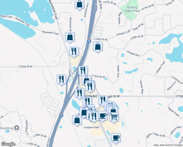 map of restaurants, bars, coffee shops, grocery stores, and more near 10900 173rd Street West in Lakeville