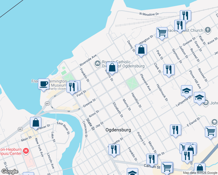 map of restaurants, bars, coffee shops, grocery stores, and more near 612 Greene St in Ogdensburg