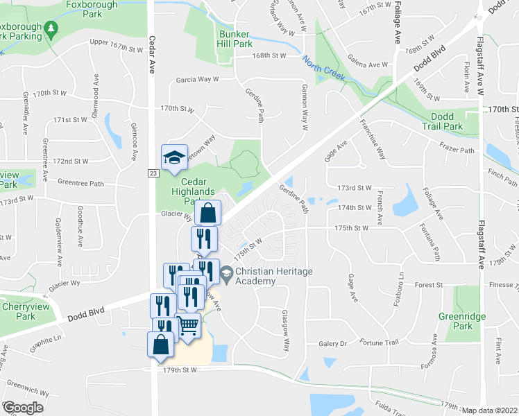 map of restaurants, bars, coffee shops, grocery stores, and more near 17397 Gettysburg Way in Lakeville