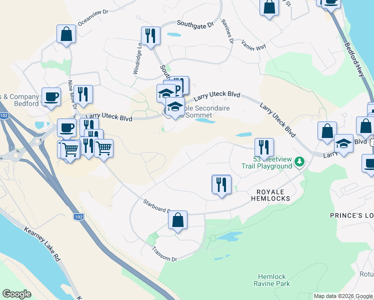 map of restaurants, bars, coffee shops, grocery stores, and more near 25 Alamir Crt in Halifax
